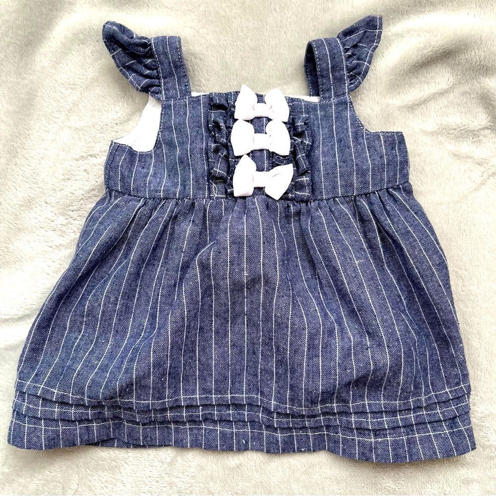 Miniclasix Girls Blue Striped Chambray Summer Dress Bow Details Ruffle Sleeve 3M